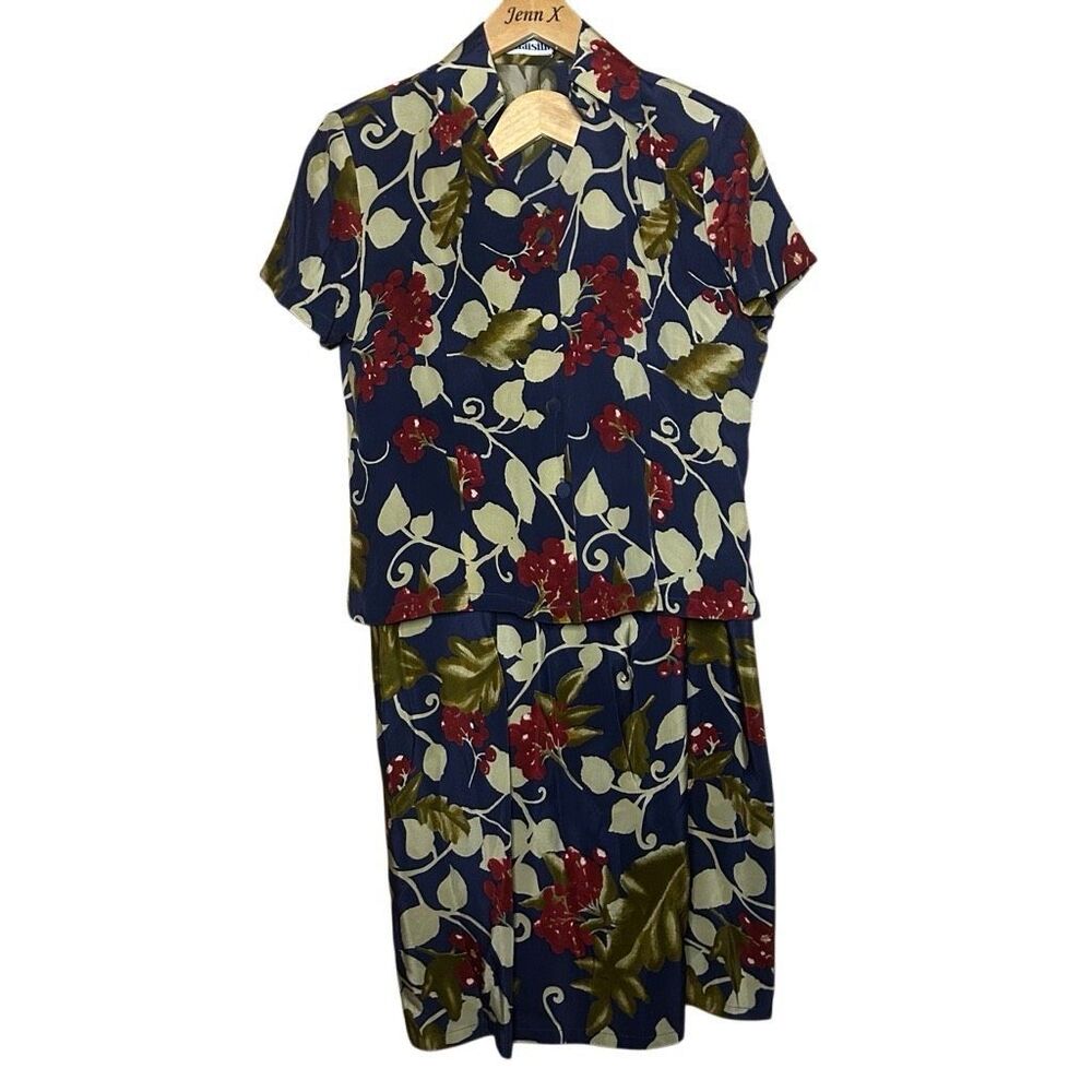 Vintage 2pc Khaisilk Bue Skirt Suit Separates Short Sleeve Pleated Floral 100% S